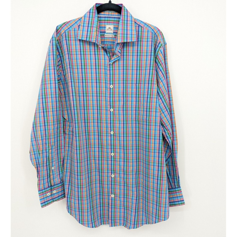 Peter Millar Button Down Mens Medium Blue Multi Plaid Weekender Finish Preppy